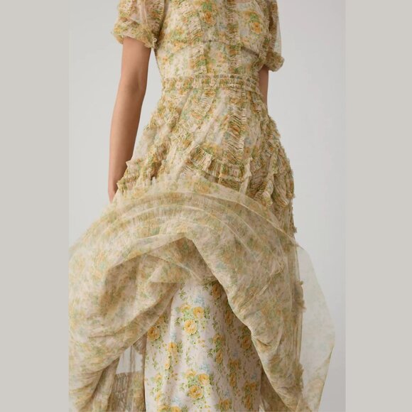 Anthropologie Mac Duggal Womens Size‎ 12 Yellow Floral Print Ruffle Midi Dress - Picture 3 of 4